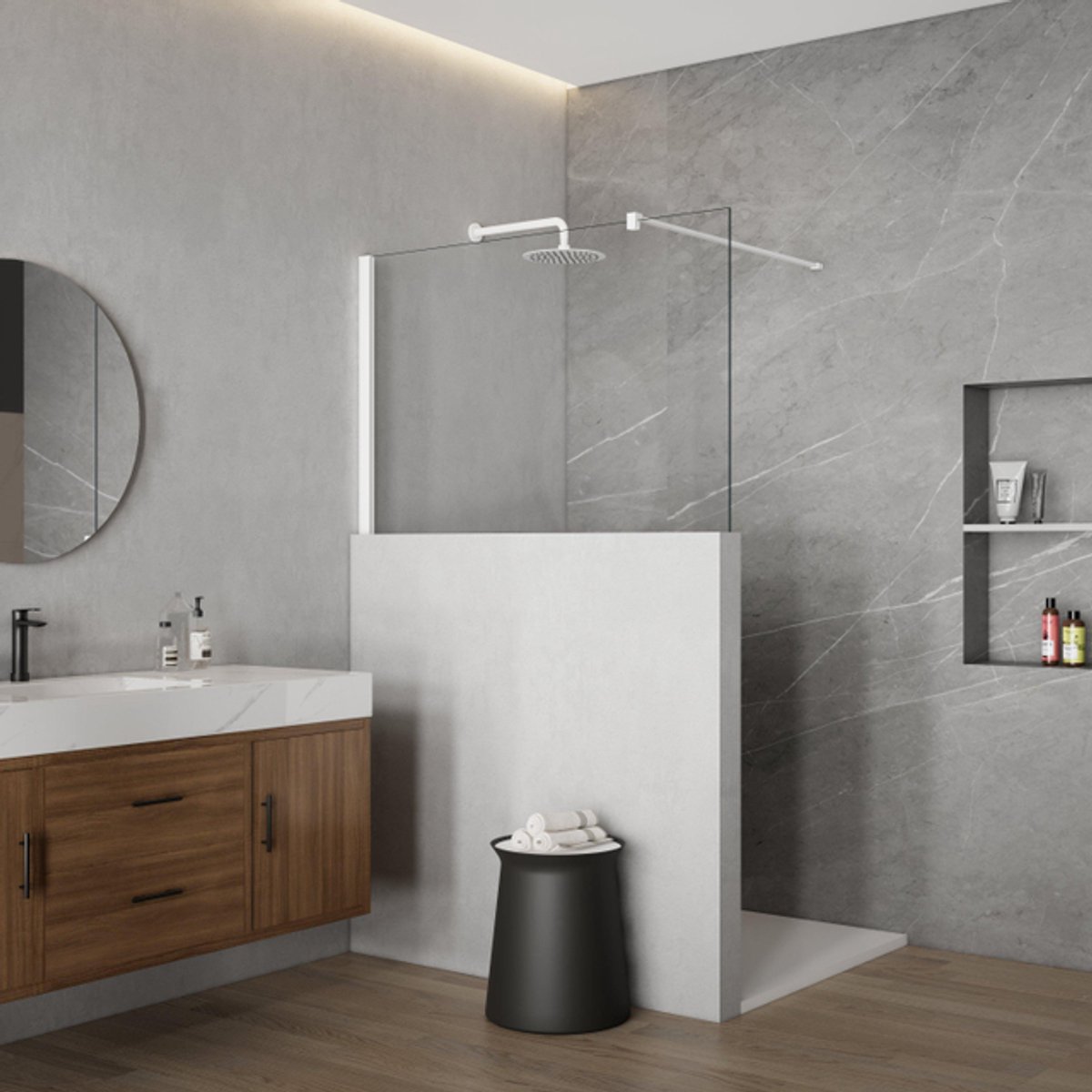 FugaFlow Eccelente Vetro Halfhoge Inloopdouche - 100x80cm - helder glas - 8mm - nano - met profiel en stabilisatiestang - Mat wit