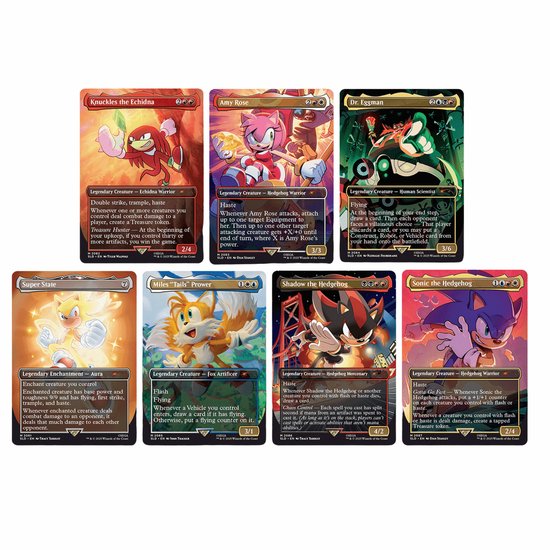 Zeven Magic the Gathering kaarten met Sonic, Tails, Knuckles, Amy, Shadow, Dr. Eggman en Super State.