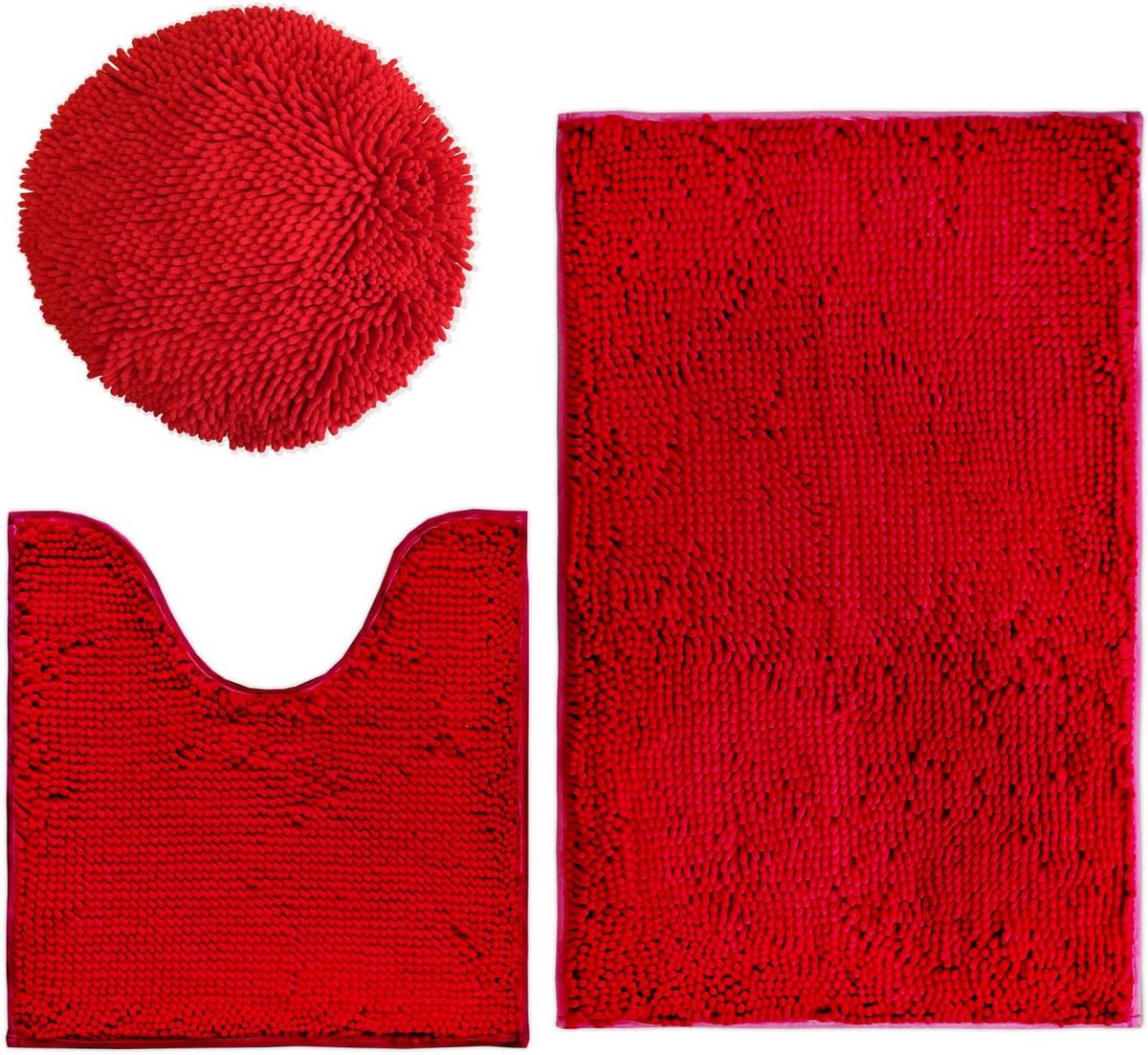 3-delige Badmat Set Rood - Super Absorberend Chenille Antislip Badkamertapijt voor Douche