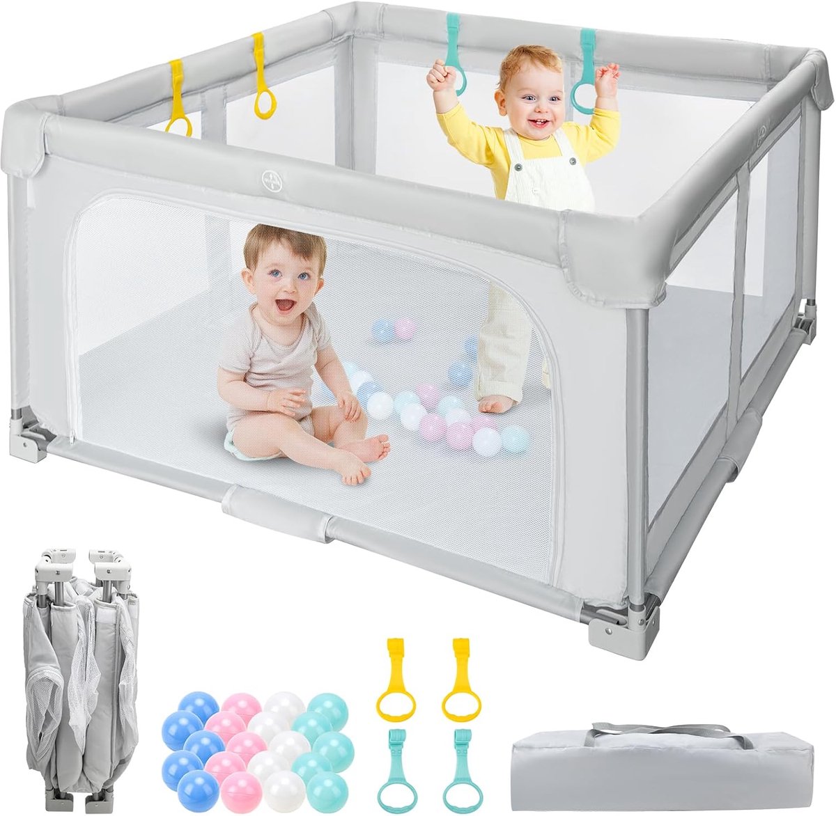 MELVRA Opvouwbare Speelbox - Babybox - 127x127 cm - Grondbox voor Baby & Peuter - Binnen & Buiten - Inclusief Reistas, 20 Ballen & 4 Handgrepen - Grijs