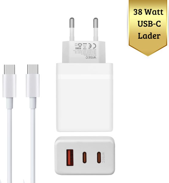 38W GaN USB-C Snellader met 3 Meter USB C naar USB C Kabel – 100W - Geschikt Voor Alle Toestellen – WiseQ