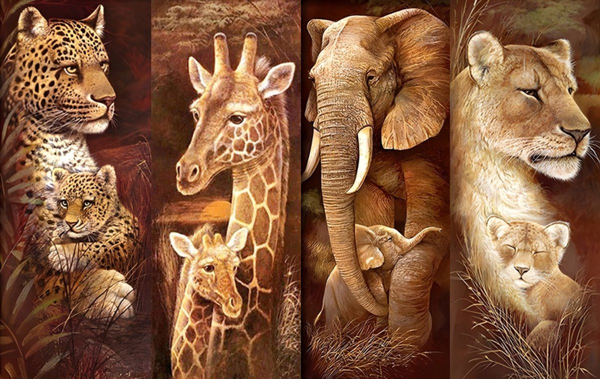 Diamond painting 4 luik - Giraffe, leeuw, luipaard en olifant - 4x 30x70cm - vierkante steentjes - volledig beplakt - Diamond painting by Wietske