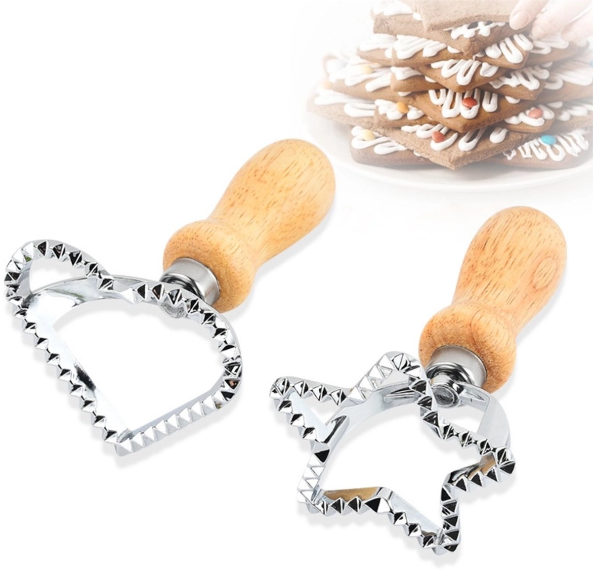 OIMG set van 2 raviolisnijders - met vormen zijn Ster en hartvormig - Raviolimakers met houten handvat - voor het snijden van zelfgemaakte ravioli - Stalen ravioli-vormpjes - voor het maken van ravioli-dumplings in verschillende vormen