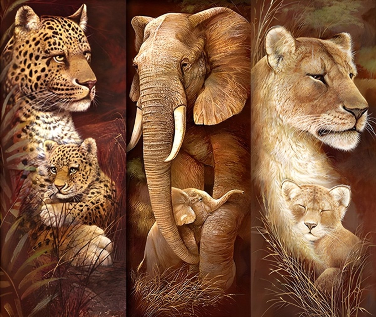 Diamond painting 3 luik - Leeuw, luipaard en olifant - 3x 30x70cm - vierkante steentjes - volledig beplakt - Diamond painting by Wietske