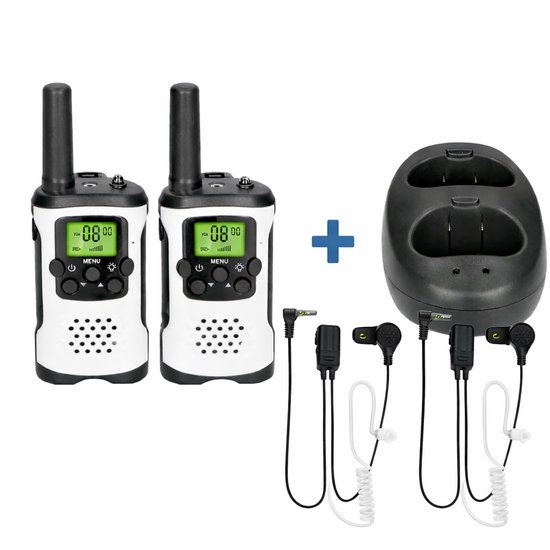 Twee Alecto walkietalkies, een oplaadstation en twee portofoon oortjes.