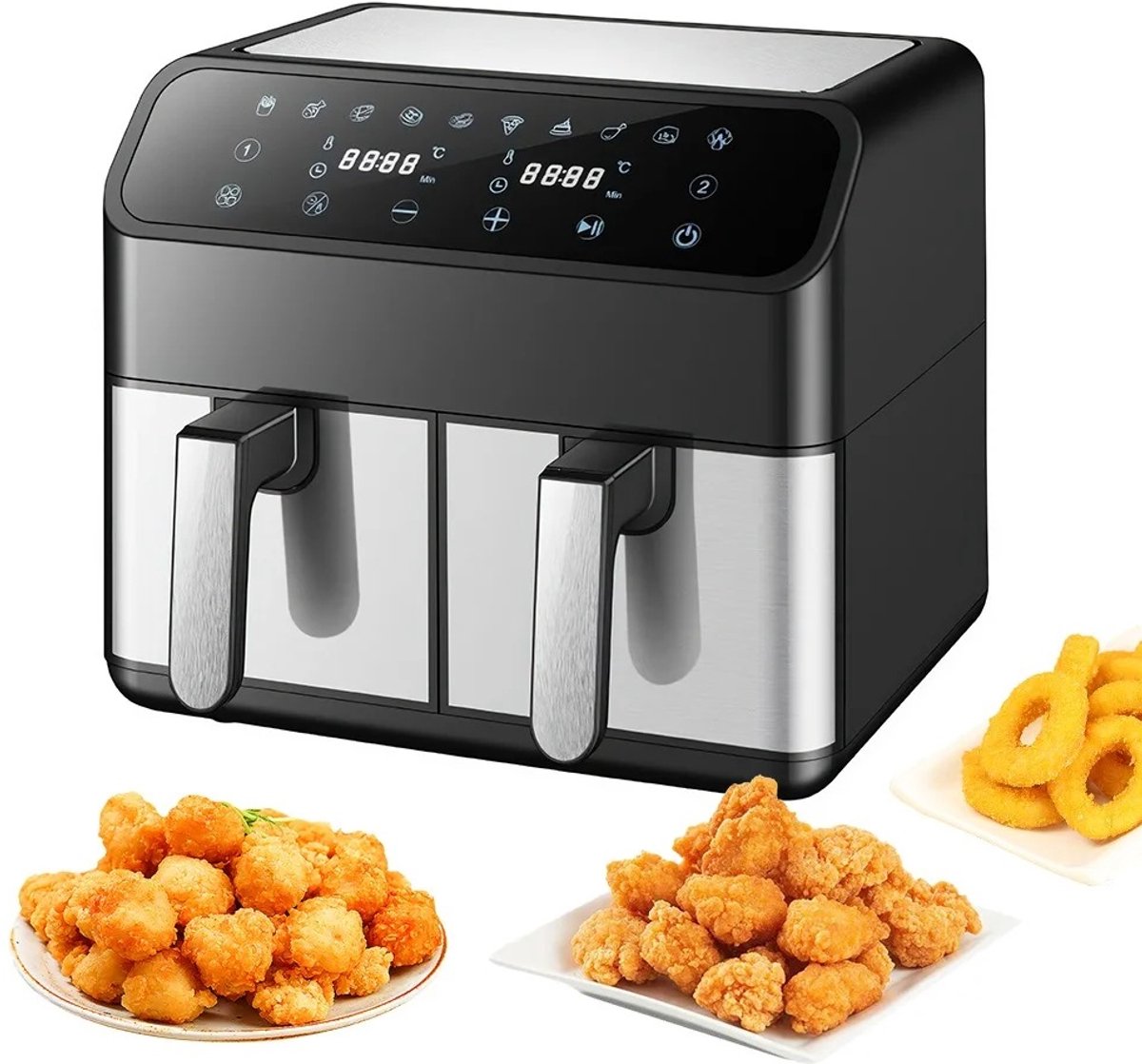 Sensova - Airfryer 8L met Dubbele Lades 2000W – Heteluchtfriteuse met 2×4L Onafhankelijke Manden, 10 Automatische programma’s - LED Touch Bediening - Temperatuur 80–220°C - Vaatwasserbestendig