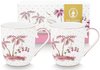 Twee witte Pip Studio mokken met roze palmbomen, bloemen en gouden stippen. Met gouden rand.