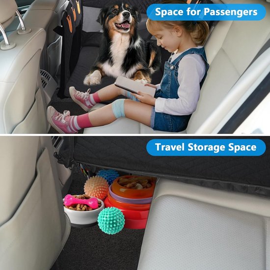 Hondenautostoel met ruimte voor passagiers naast een kind. Reismand met opbergruimte voor speelgoed en voerbak.