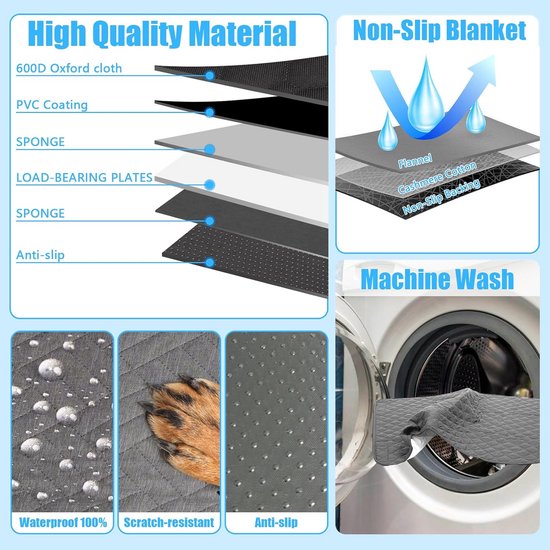 Laag van 600D Oxford doek, PVC coating, spons, draagplaten en anti-slip. Non-slip deken van flanel, kasjmier katoen met anti-slip backing. 100% waterdicht, krasbestendig.