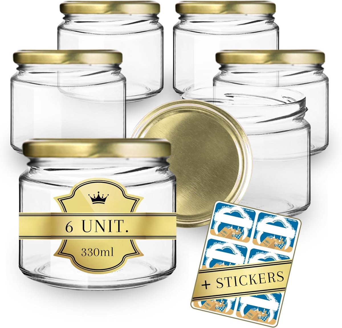 Set van 6 Glazen Potten 330 ml met Deksel en Etiketten voor Bewaren