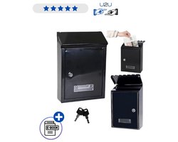 Brievenbus zwart gegalvaniseerd staal compact wandmodel afsluitbaar met slot en 2 sleutels met kijkvenster en inwerpopening met klep weerbestendig voor buiten montage aan muur of hek duurzame postbus voor brieven en post met naamvenster ... Met Ebook