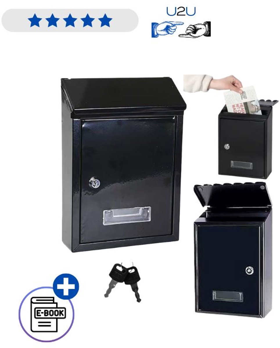 Brievenbus zwart gegalvaniseerd staal compact wandmodel afsluitbaar met slot en 2 sleutels met kijkvenster en inwerpopening met klep weerbestendig voor buiten montage aan muur of hek duurzame postbus voor brieven en post met naamvenster ... Met Ebook