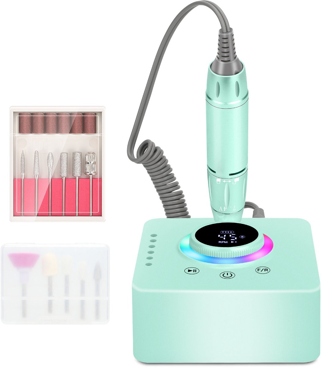 Elektrische nagelfrees, draagbaar, voor acryl-, gel- en dip-poedernagels, nagelfreesset voor manicure en pedicure, complete nagelset, lichtgroen