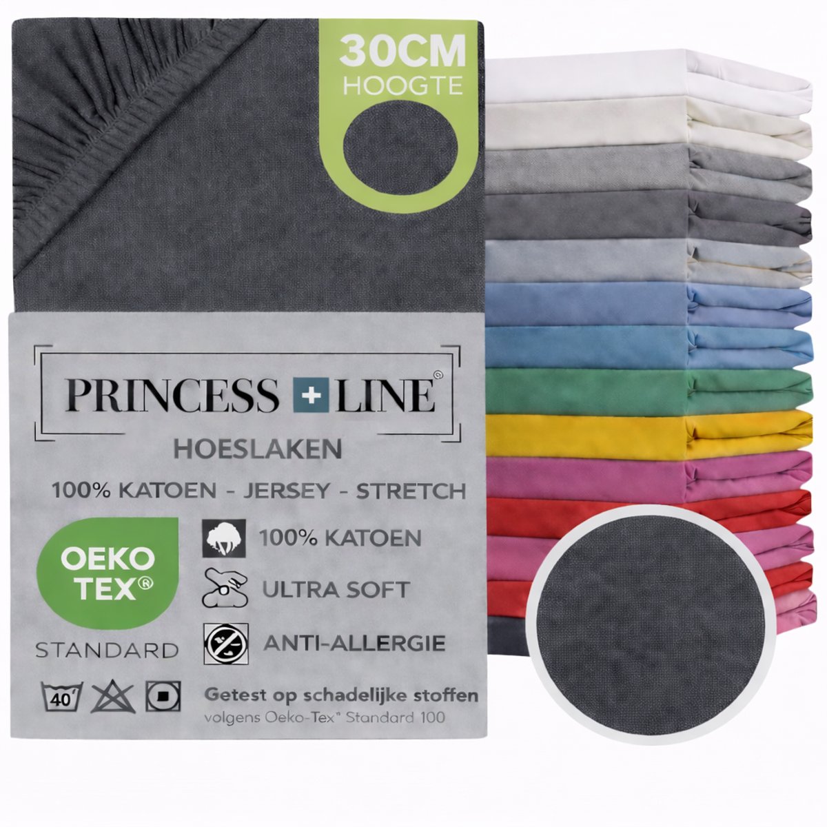 Princess Line- Comfortabel Ultra-Soft-Hoeslaken -100% katoen-Jersey -Stretch -Strijkvrij- Rondom elastiek-Hoekhoogte tot 30cm-2Persoons-140x200 cm-Antraciet