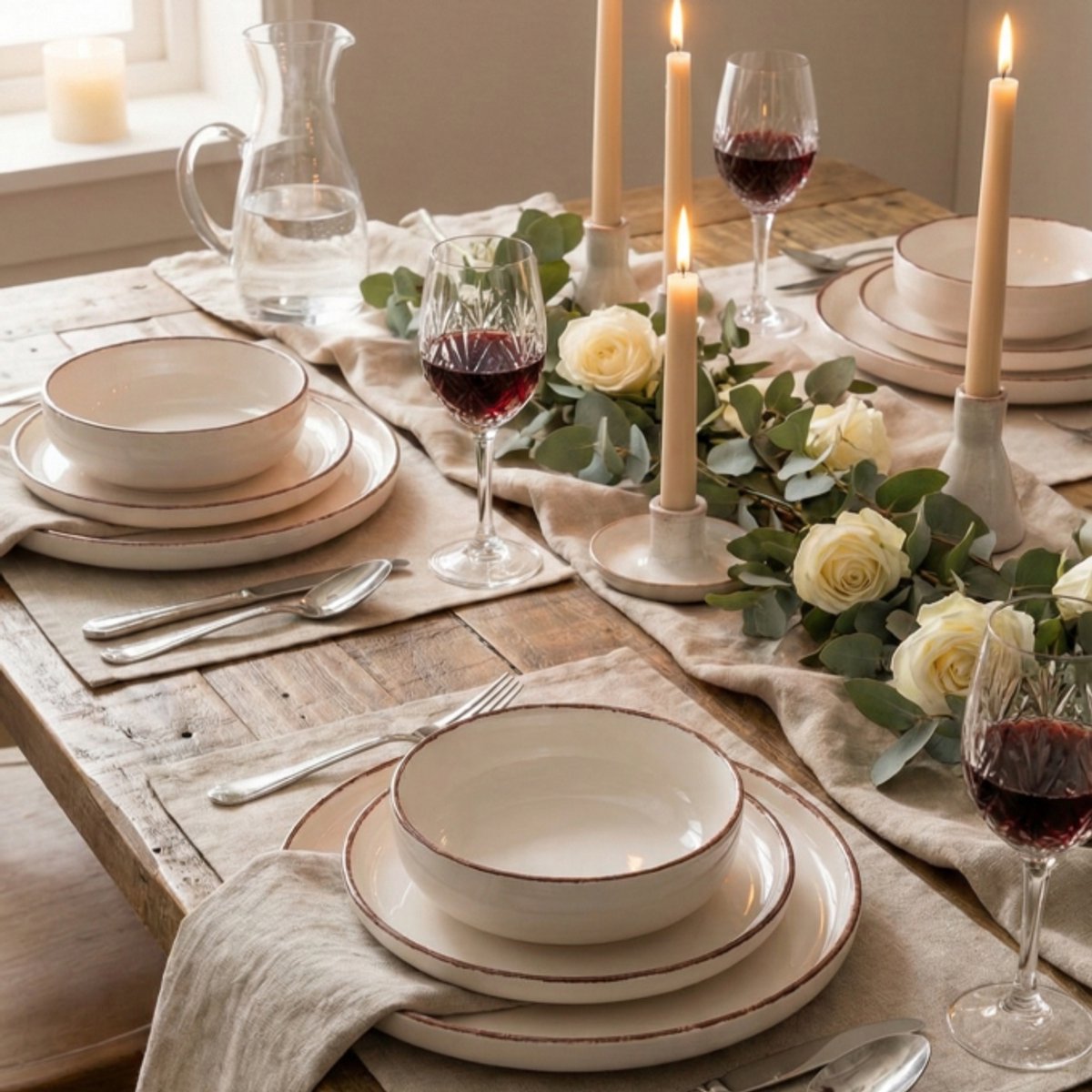 18-delige Keramische Serviesset Siena Grande – Beige/Bruin – 6 Dinerborden, 6 Dessertborden & 6 Kommen