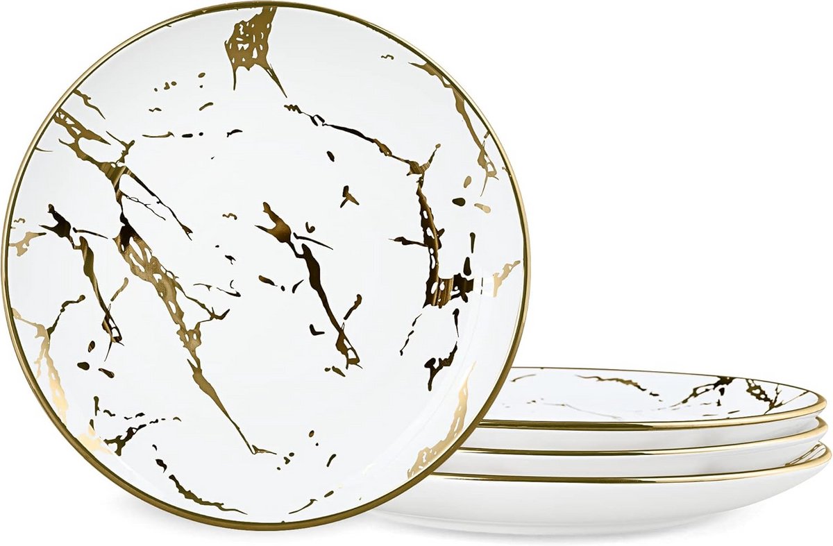 Set van 4 Marmeren Diner Borden Goud Keramiek Wit Servies