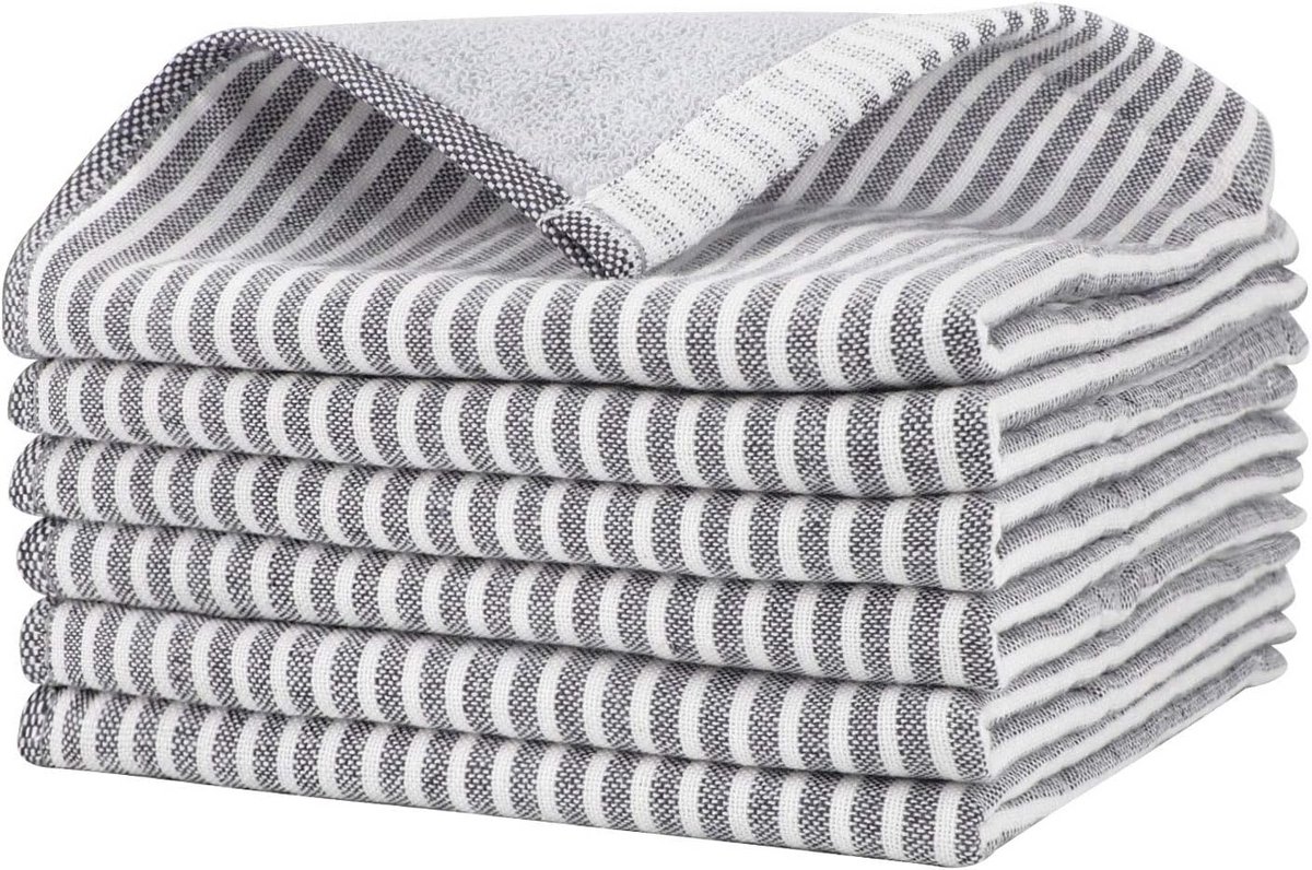 Set van 6 Gestreepte Keukenhanddoeken - 100% Katoen, Zeer Absorberend