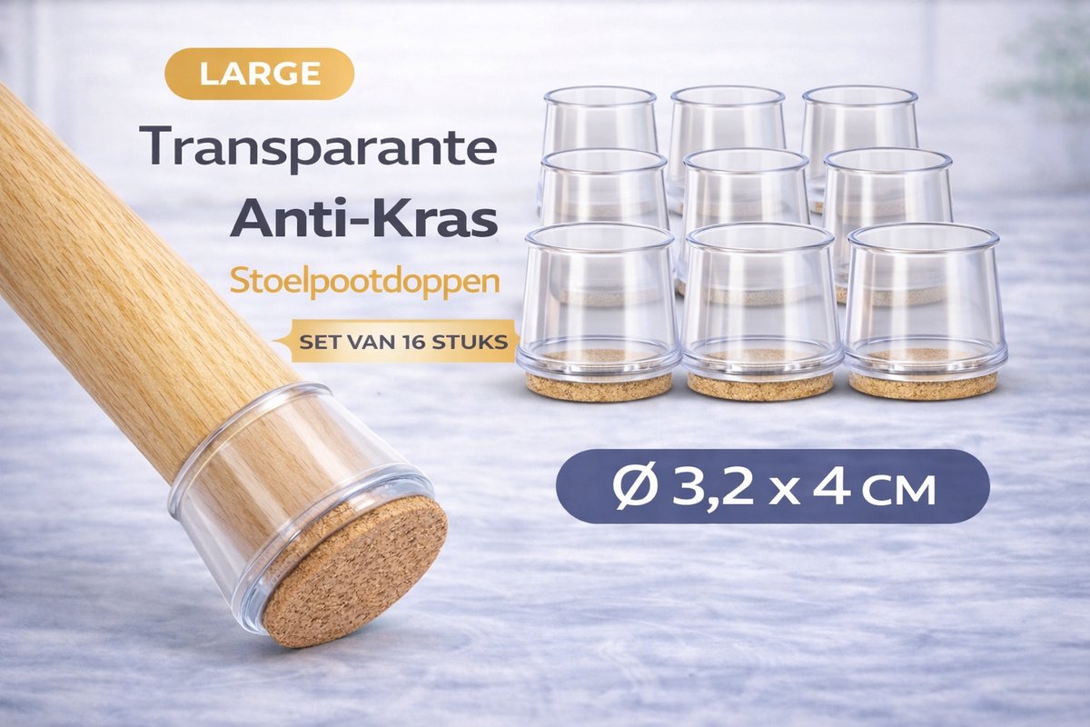 Anti Kras Stoelpoot Doppen Large – 16 Stuks – Ø 3,2 x 4 cm – Transparante Stoelpootbeschermers met Vilt – Geluidsdempend & Vloerbescherming voor Stoelen en Meubels – Transparant