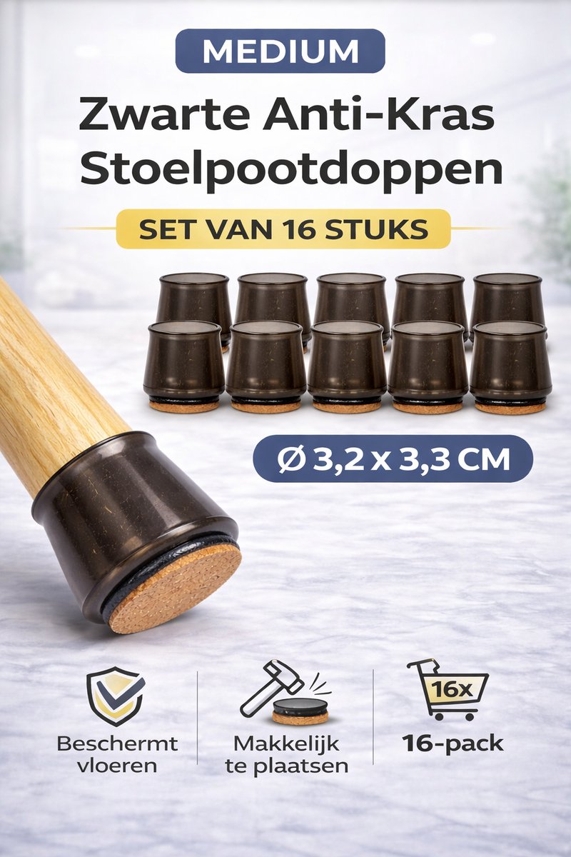 Anti Kras Stoelpoot Doppen Medium – 16 Stuks – Ø 3,2 x 3,3 cm – Zwarte Stoelpootbeschermers met Vilt – Geluidsdempend & Vloerbescherming voor Stoelen en Meubels – Zwart