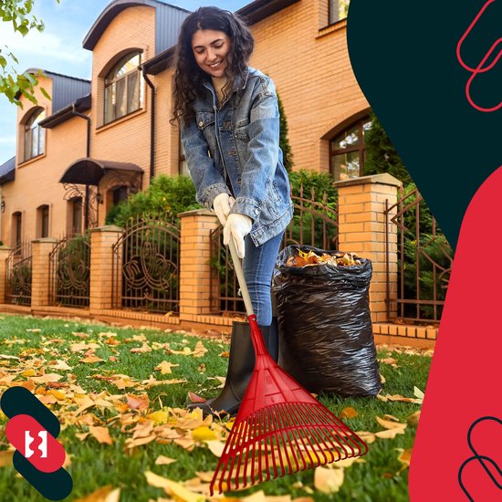 KOTARBAU® Bladhark, Tuinhark van Kunststof, 50 cm, met Houten Steel, 150 cm, Extra-Click, Gazonhark, Waaierbezem, Stevige Hark, Hark voor Gras Tuin Gazon, Rood & Natuurlijke Houtkleur van Merkloos	 — afbeelding 2