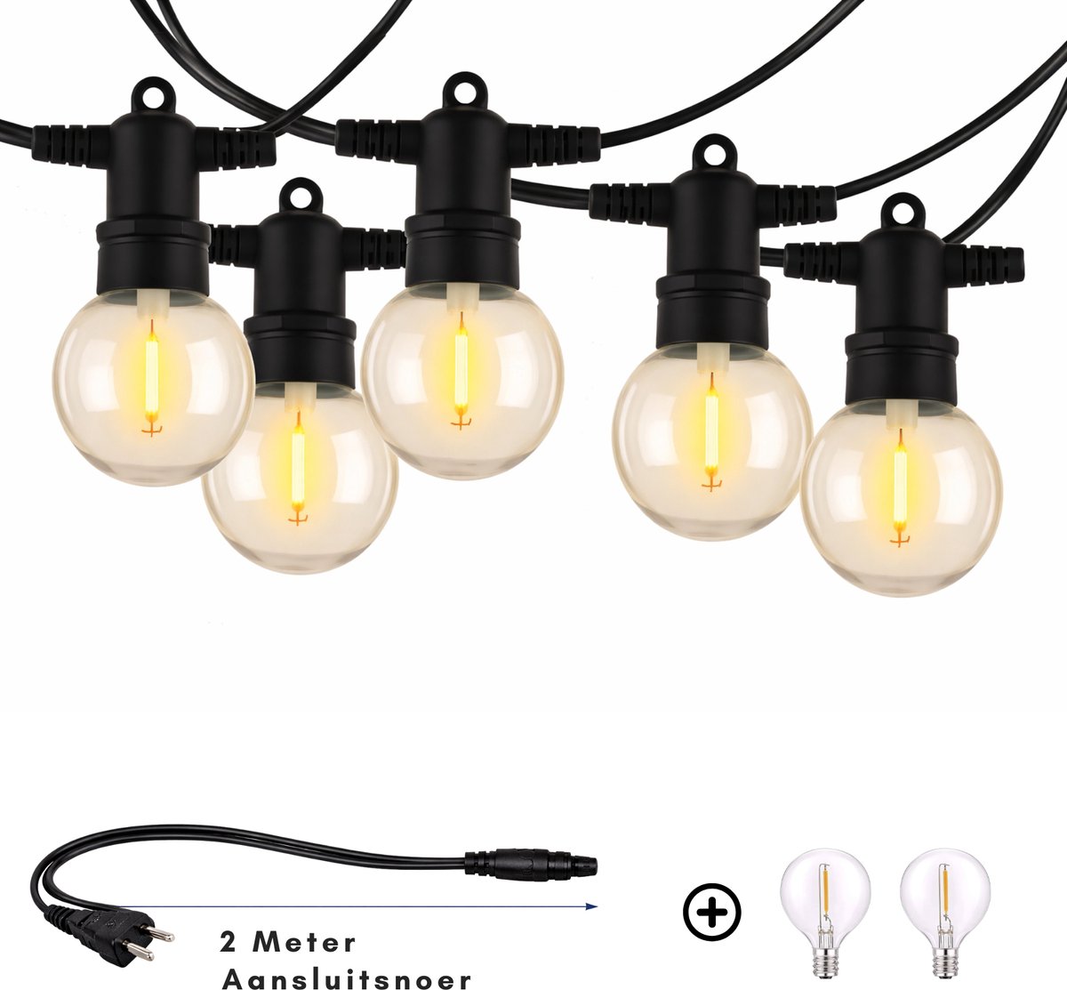 Lichtendirect - Lichtsnoer Voor Buiten - 10 Meter - 20+2 LED Lampen - Waterdicht - Warm Wit 2700K- IP65 - Lichtslinger - Sfeerverlichting Tuin en Terras - Voor Binnen en Buiten
