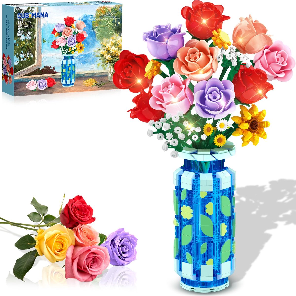 CUBIMANA Rozen Boeket Bouwsets - 827PCS Met Zelfbouw Vaas & LED Licht - 16 Mini Bloemen - DIY Decoratie Bouwpakket Spleegoed voor Volwassenen Kinderen 8+