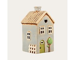 Keramieken Huisje voor waxinelichtje - blauw met boom en hek