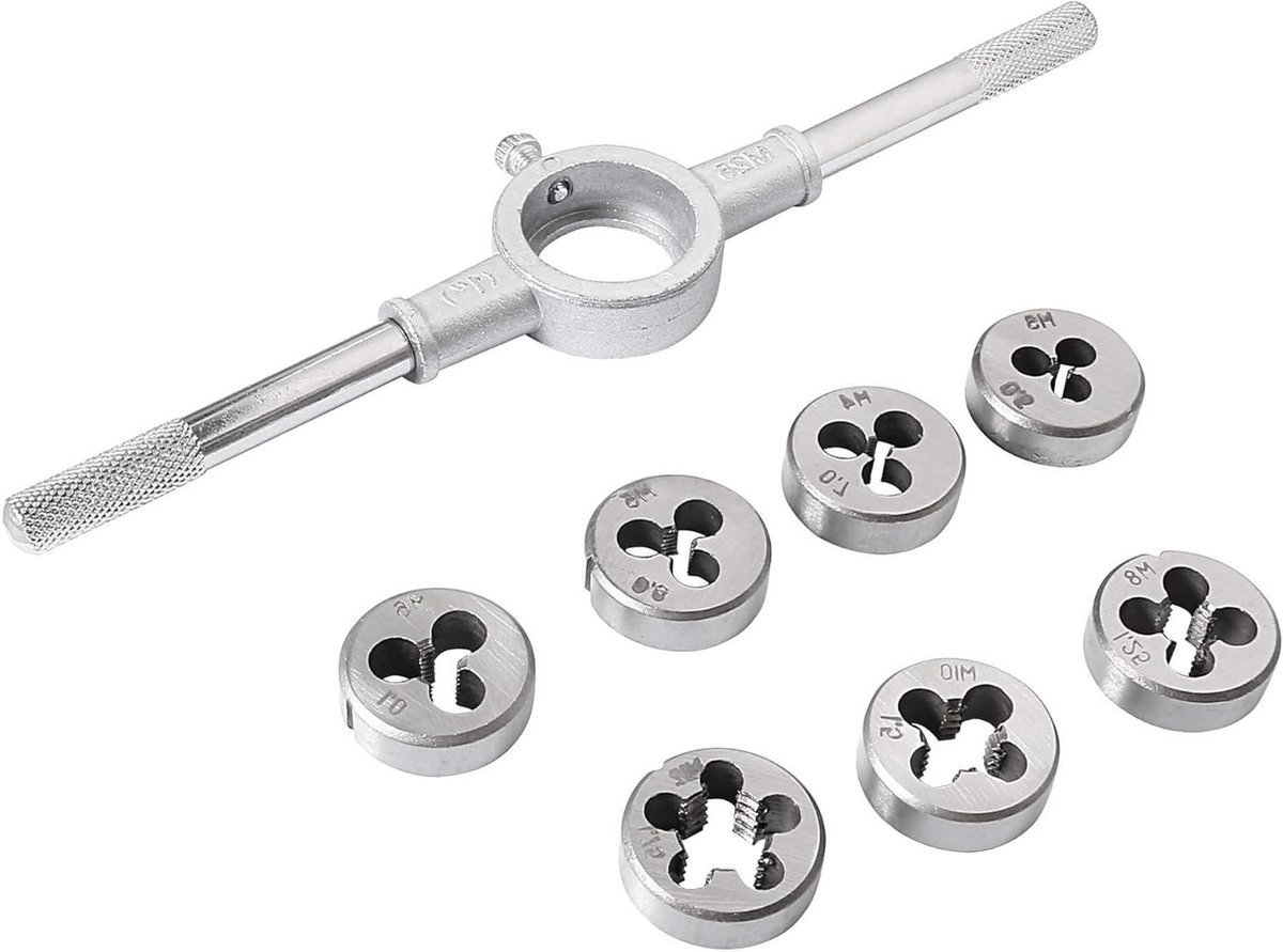 8-delige set ronde stelbouten met handgreep en diverse maten draadbijlen - Voor DIY, reparatie, draadsnijden interne/externe - M3 M4 M5 M6 M8 M10 M12