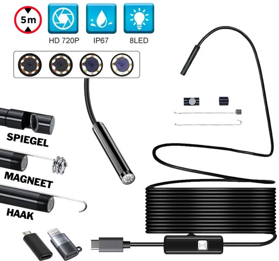 Endoscoop - geschikt voor USB-C en Lightning Smartphones - Inspectiecamera - Inspectiegereedschap - 8mm kop - flexibele HD - 5M kabel - waterproof - 8 LED Verlichting