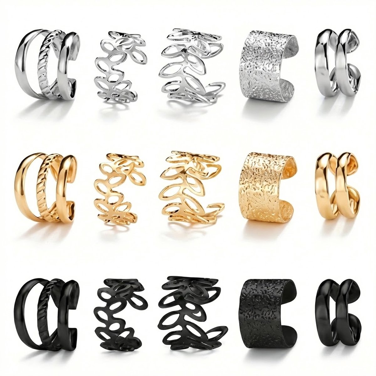 Goudkleurige, zilverkleurige en zwarte earcuffs set – oorringen oorbellen voor dames – 15-delige set zonder gaatjes – diverse designs