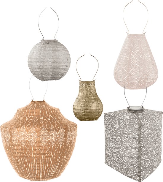 Set van 5 Lumiz lampionnen in verschillende vormen en kleuren: zilver, goud, koper en roze, met open laser-cut patronen.