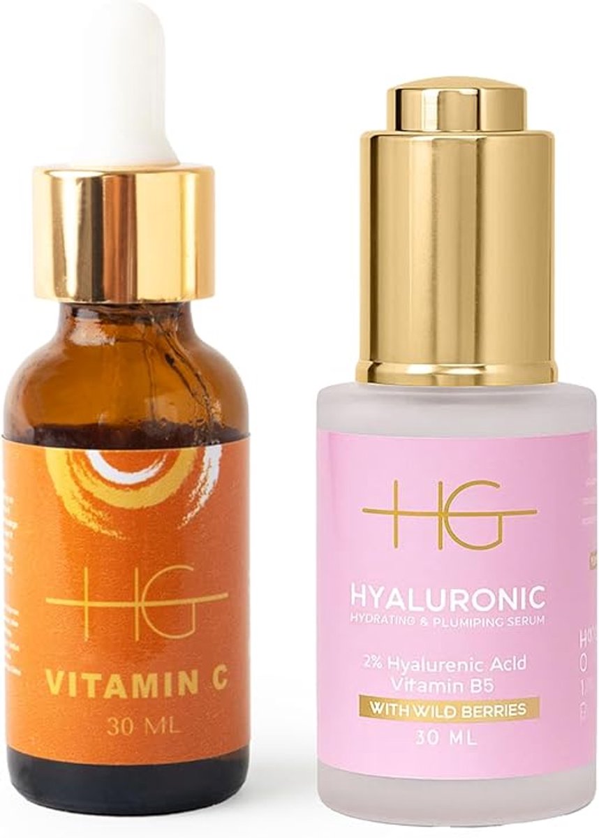 HG AESTHETICS Perfect Duo – 2% Hyaluronzuur Serum met Vitamine B5 30 ml + 7% Vitamine C Brightening Booster Serum met Bakuchiol 30 ml – Hydratatie, Verheldering & Anti-Aging - cadeautje vrouw