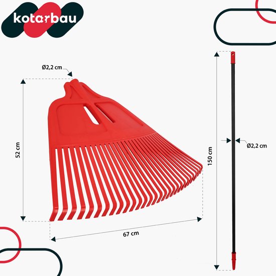 KOTARBAU® Bladhark, Tuinhark van Kunststof, 68 cm, met Aluminium Steel, 150 cm, Extra-Click, Gazonhark, Waaierbezem, Stevige Hark, Hark voor Gras Tuin Gazon, Rood & Zwart van KOTARBAU — afbeelding 4