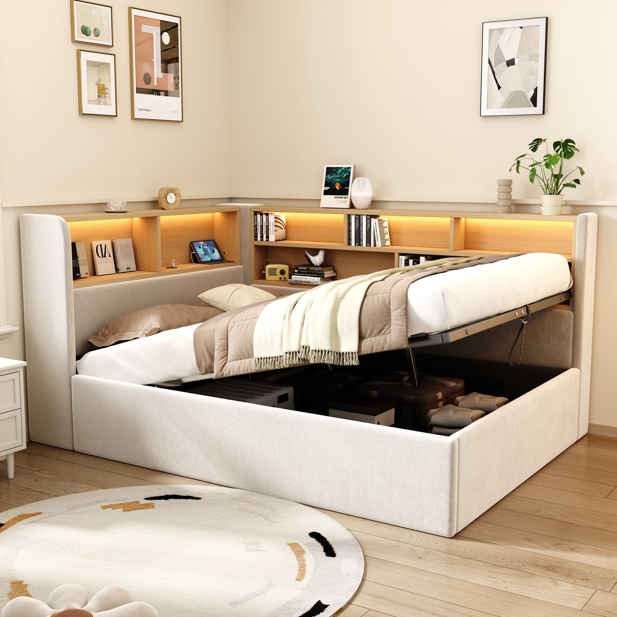 STILVORA Gestoffeerd Bed 90x200 cm – Bedbank Met Hydraulische Opbergruimte – Ledverlichting En Usb-C Opladen – Zonder Matras – Fluweel – Beige