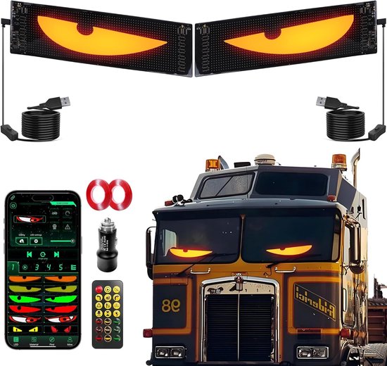 Twee LED-schermen met demonische ogen op een truck, bediend met app en afstandsbediening. Bevat ook auto-accessoires.