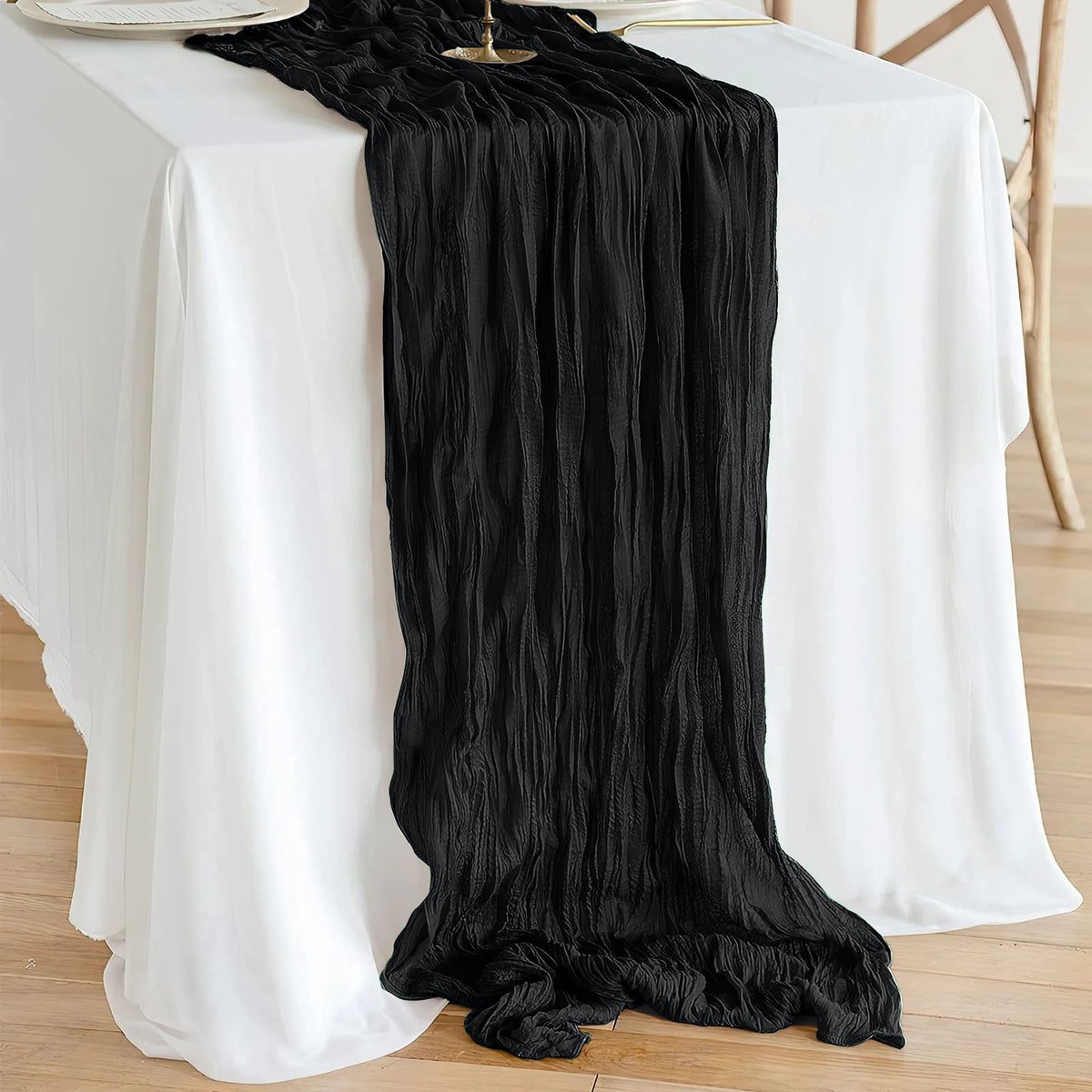 Luxe Boho Tafelloper Zwart – Katoen-look Gaas – 90x300 cm – Rustic Chic – Tafeldecoratie voor Bruiloften, Diners & Feesten – OEKO-TEX Gecertificeerd