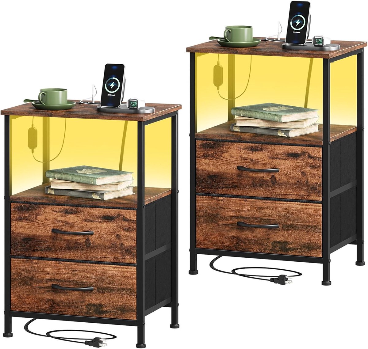 Nachtkastje Met Lades - Sidetable Opbergkast - Slaapkamer Organisatie - Geïntegreerd Laadstation - 30x40x60cm - Houtlook