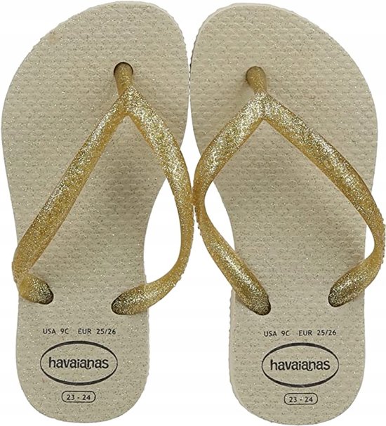 Lichtbruine Havaianas teenslippers met gouden glitterbandjes, met logo en maatindicatie.