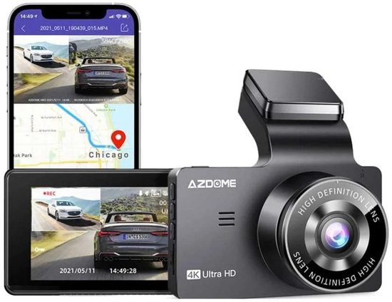 Zwarte AZDome dashcam met 4K Ultra HD lens, getoond met smartphone en dubbel scherm.