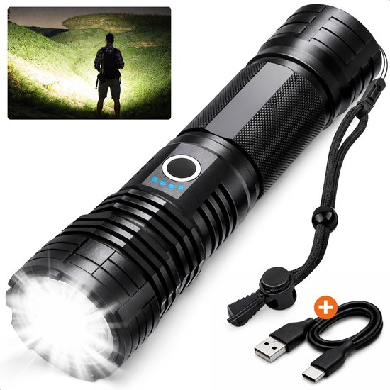 Zwarte Proskill zaklamp met zoomfunctie, USB-oplaadkabel en 4 blauwe LED-indicatorlampjes. Inzetbaar in het donker.
