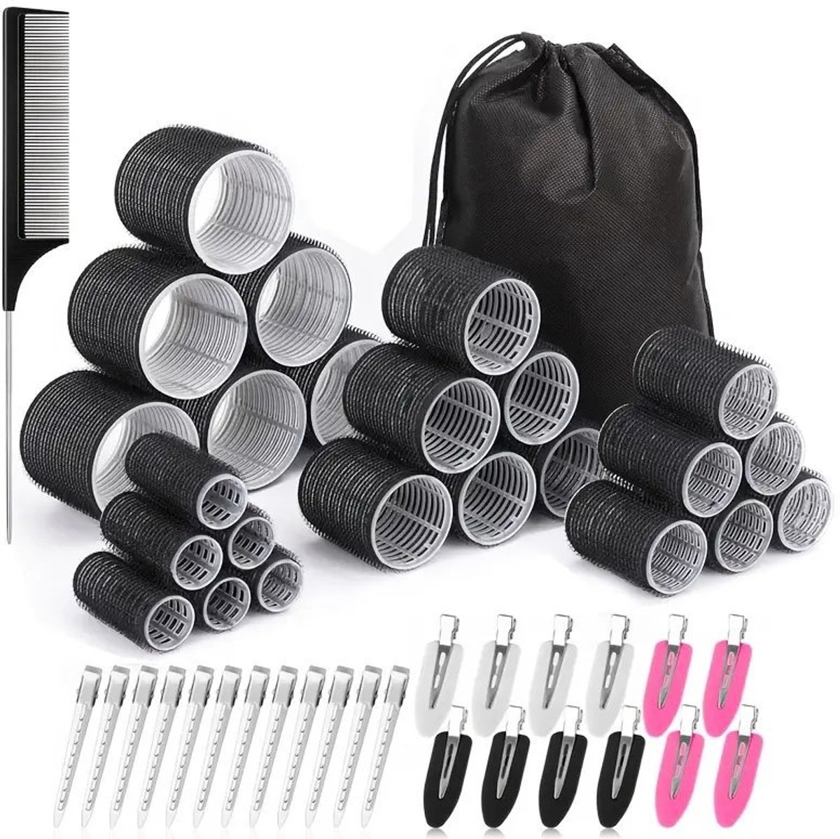 50 stuks haarkrulspelden met clips in 4 maten (60/48/36/25 mm). Krulspelden voor lang, middellang, kort, dik en fijn haar voor volume, lift en doe-het-zelf styling.