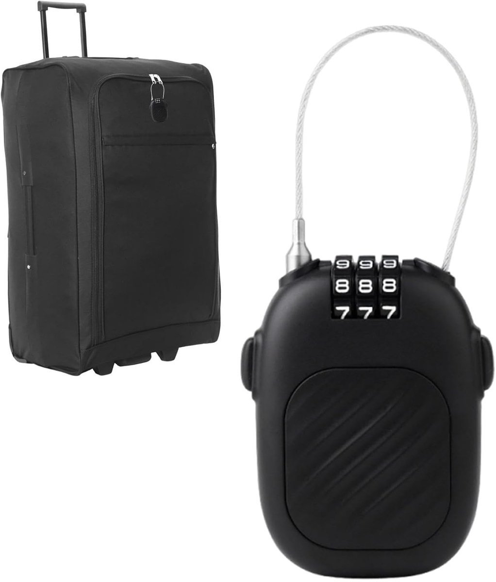 Kabel slot - Combinatieslot - Bagage beveiligen - Intrekbaar staalkabel - 7 x 5 cm - Zwart