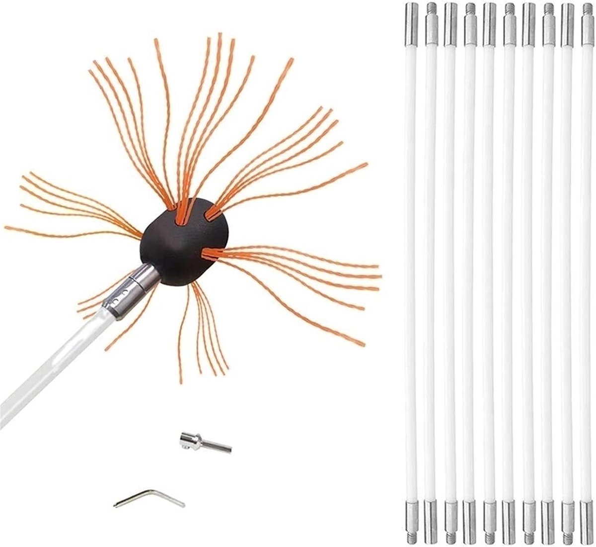 Schoorsteen Reinigingsset - Veegtool Kit - Klus Klussen - Boor Aangedreven - 8 Meter Staven