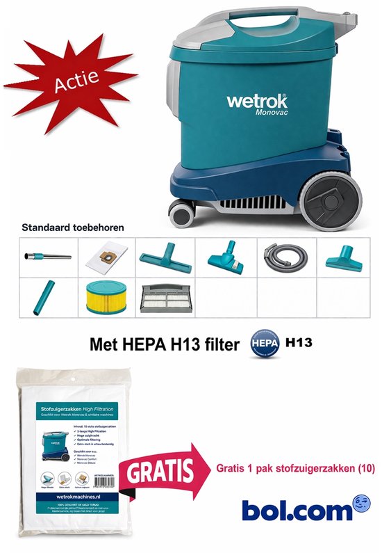 Wetrok Comfort 11 met HEPA filter, COMPLEET PAKKET, Krachtige Zuigkracht, Professionele Stofzuiger – 900W – Zeer Stil (56 dB) – 12 m Kabel – Industriële Stofzuiger – Incl. 10 gratis stofzuigerzakken