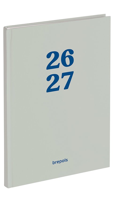 Agenda vert clair avec inscription bleue '26 27' et 'brepols'.