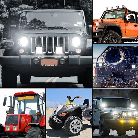 Collage van off-road voertuigen met krachtige LED-verlichting, waaronder jeeps, tractor en ATV.
