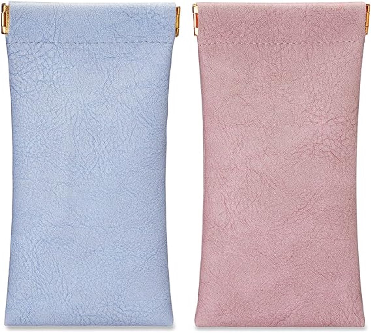 2 x draagbare leren zonnebrillenetui, zacht brillenetui, brillenhoesje voor leesbrillen, kleine zonnebrillen, Blauw en roze