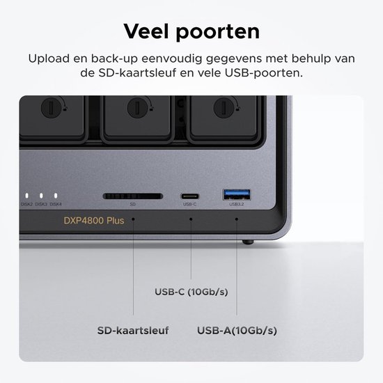 UGREEN NASync DXP4800 Plus - NAS-server - 4 bays - Intel Pentium Gold 8505 5-Core - 8 BG DDR5 - Max. 112TB - M.2, SATA - zwart van Ugreen — afbeelding 2