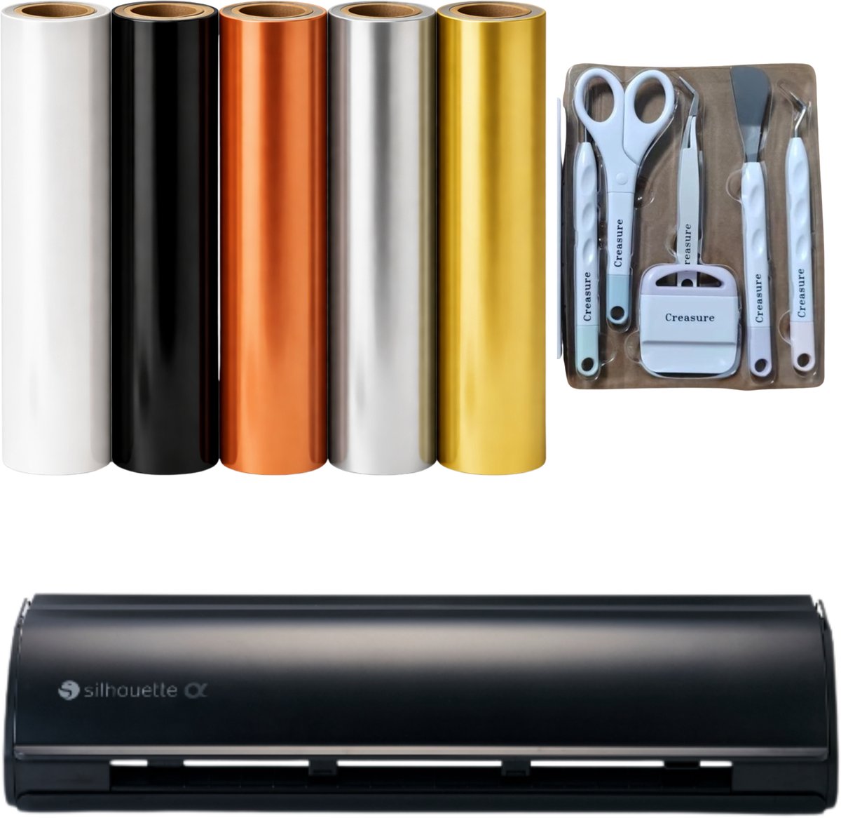 Silhouette Cameo 5α Zwart – Metallic Creative Starterpakket – Snijplotter met Vinyl, Flexfolie, Toolset & Applicatiefolie – Complete DIY Set