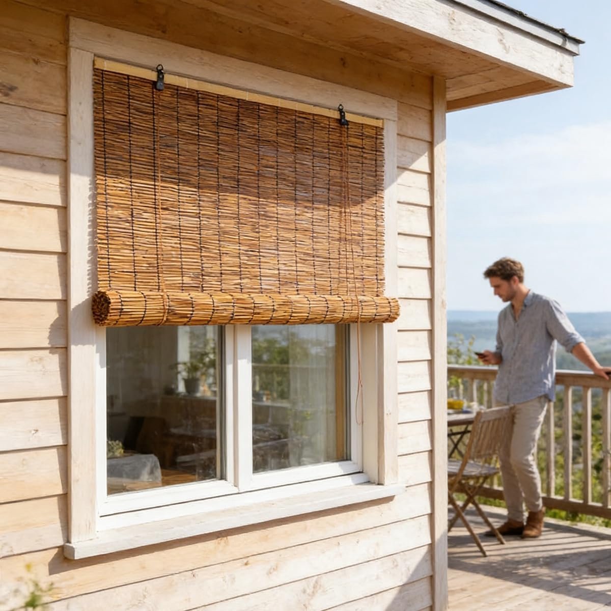 Bamboe Rolgordijn - Natuurlijk Zonnescherm - Raamdecoratie Buiten - Handgeweven Rieten Con
